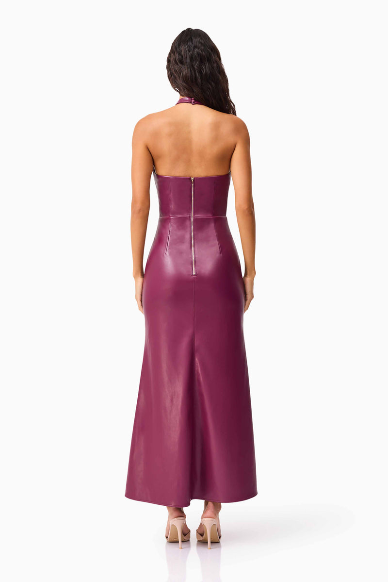 Brunette model wearing the Nova Halter Gown in Purple back shot 