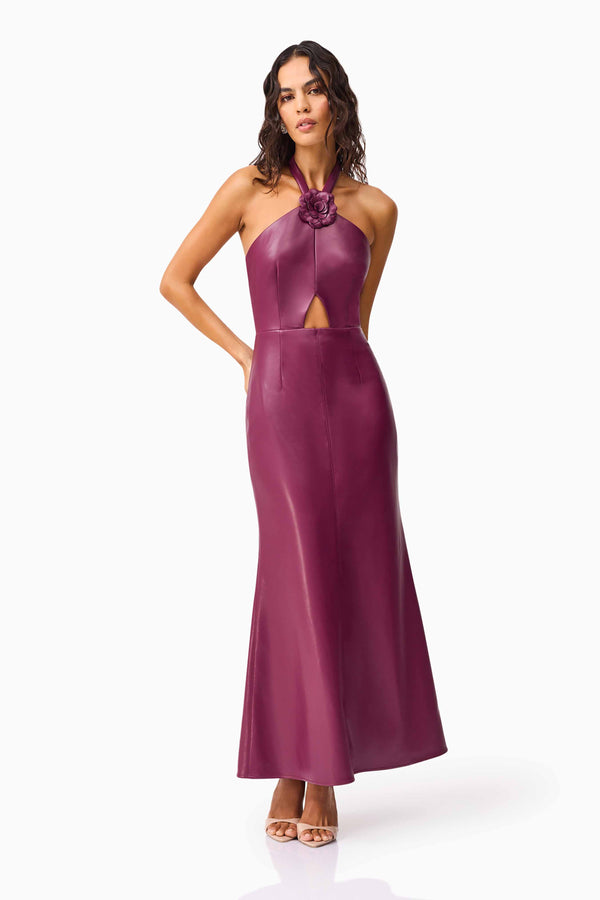 Brunette model wearing the Nova Halter Gown in Purple posed hands on hips shot 