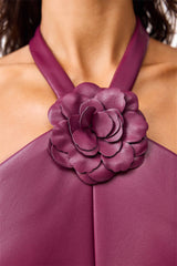 Brunette model wearing the Nova Halter Gown in Purple detail shot 