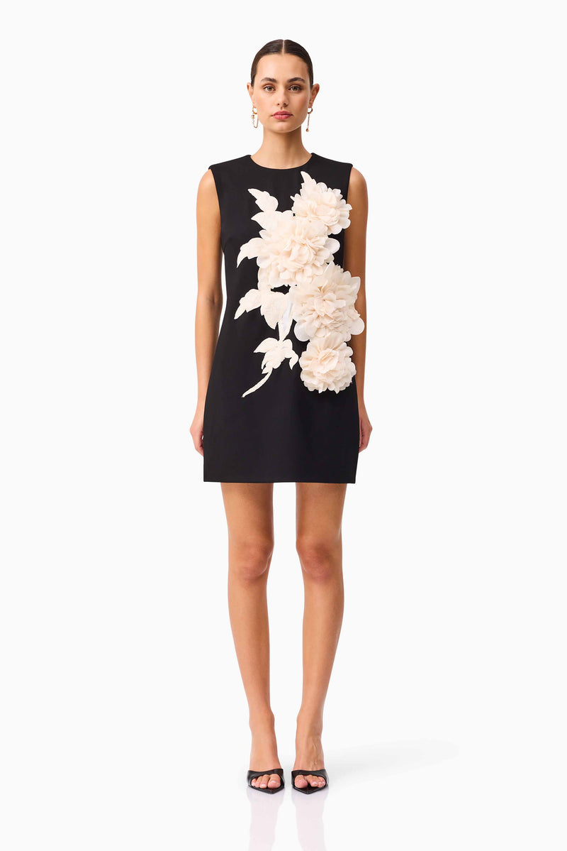Brunette model wearing the Zahara Shift Mini Dress in Black front shot