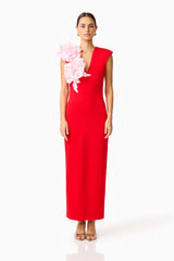 Brunette model wearing the Zahara V-Neck Gown in Red & Pink front shot