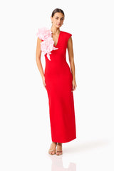 Brunette model wearing the Zahara V-Neck Gown in Red & Pink posed shot