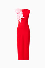 Brunette model wearing the Zahara V-Neck Gown in Red & Pink ghost shot