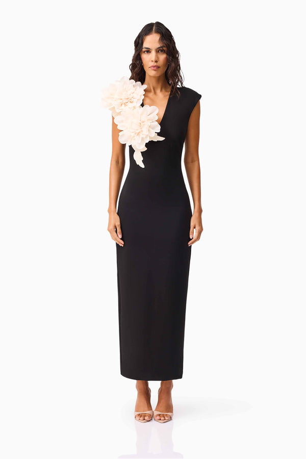 Brunette model wearing the Zahara V-Neck Gown in Black front shot