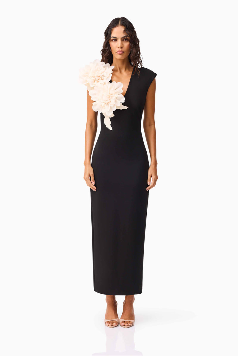 Brunette model wearing the Zahara V-Neck Gown in Black front shot