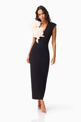 Brunette model wearing the Zahara V-Neck Gown in Black posed shot