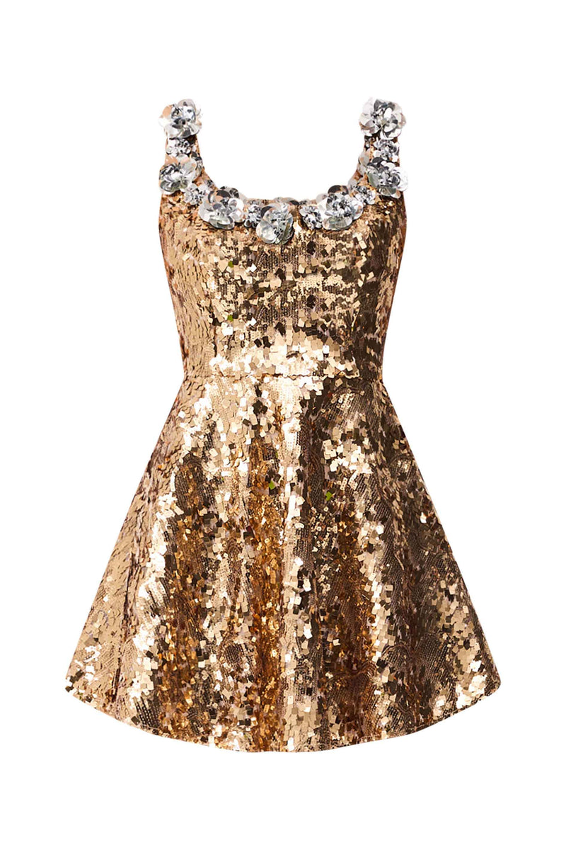 Noelle Sequin Mini Dress in Gold | Sequin Fabrication and Flared Skirt Elliatt Noelle Sequin Mini Dress in Gold | Sequin Fabrication and Flared Skirt Elliatt
