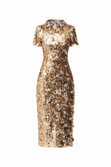 Noelle Sequin Short Sleeve Midi Dress in Gold ghost shot 