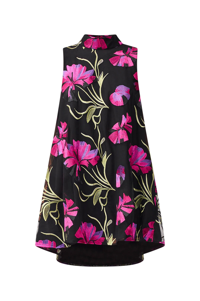 Amaya High Neck Mini Dress in Black & Pink Floral campaign shot 