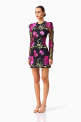 Amaya Long Sleeve Mini Dress in Black & Pink Floral side shot