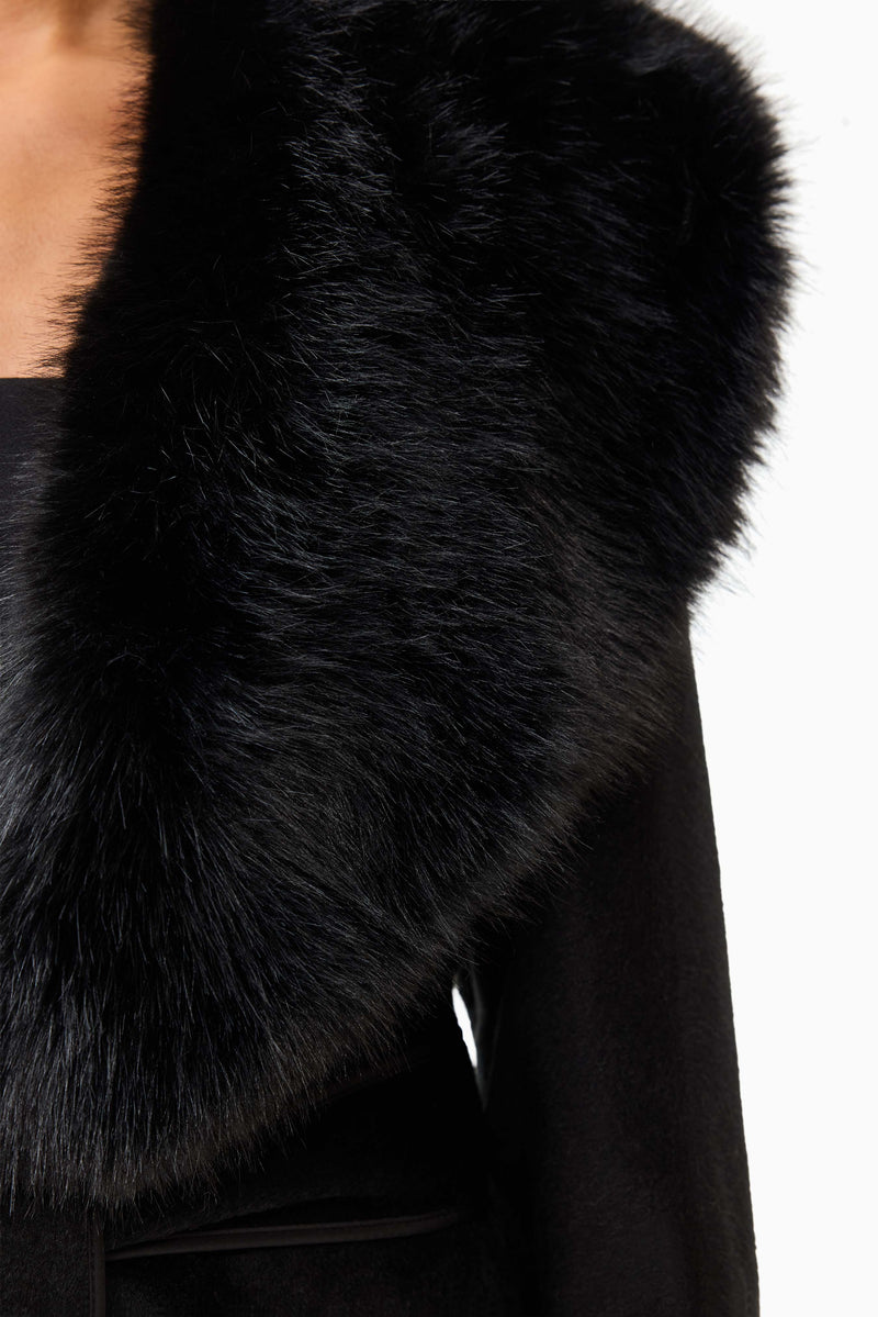 Brunette model wearing the Aria Jacket in Black detail shot