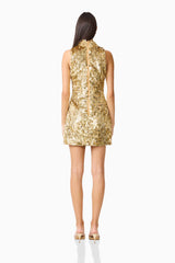 Model wearing Mercelline Embellished Mini Dress in Gold with high neckline & sequin fabrication back shot