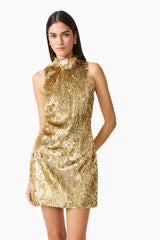 Model wearing Mercelline Embellished Mini Dress in Gold with high neckline & sequin fabrication close up shot