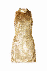 Model wearing Mercelline Embellished Mini Dress in Gold with high neckline & sequin fabrication ghost shot
