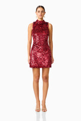 Model wearing Mercelline Embellished Mini Dress in Red with sequin fabrication & high neckline front shot