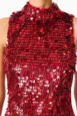 Model wearing Mercelline Embellished Mini Dress in Red with sequin fabrication & high neckline detail shot