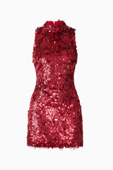 Model wearing Mercelline Embellished Mini Dress in Red with sequin fabrication & high neckline ghost shot