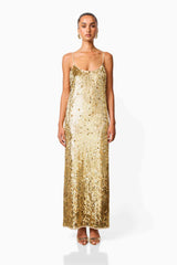Mercelline Embellished Gown in Gold with a scoop neckline & sequin fabrication front shot