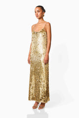 Mercelline Embellished Gown in Gold with a scoop neckline & sequin fabrication side shot
