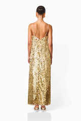 Mercelline Embellished Gown in Gold with a back zipepr & sequin fabrication back shot