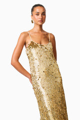 Mercelline Embellished Gown in Gold with a scoop neckline & sequin fabrication close up shot