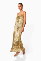Mercelline Embellished Gown in Gold with a scoop neckline & sequin fabrication side walking shot