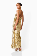 Mercelline Embellished Gown in Gold with a scoop neckline & sequin fabrication back posed shot