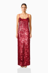 Mercelline Embellished Gown in Red with sequin fabrication & scooped neckline front shot