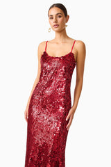 Mercelline Embellished Gown in Red with sequin fabrication & scooped neckline close up shot
