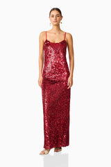 Mercelline Embellished Gown in Red with sequin fabrication & scooped neckline posed walking shot