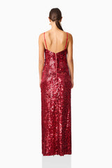Mercelline Embellished Gown in Red with sequin fabrication & scooped neckline back shot