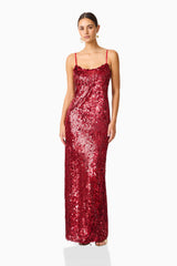 Mercelline Embellished Gown in Red with sequin fabrication & scooped neckline posed shot