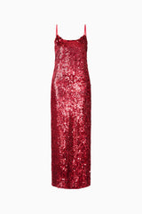 Mercelline Embellished Gown in Red with sequin fabrication & scooped neckline ghost shot