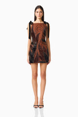 Giada Embellished Mini Dress in Chocolate Brown with a high square neckline and tie up straps front shot