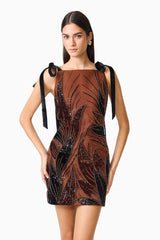 Giada Embellished Mini Dress in Chocolate Brown with a high square neckline and tie up straps posed close up shot