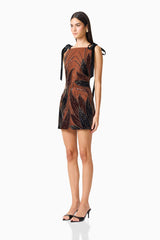 Giada Embellished Mini Dress in Chocolate Brown with a high square neckline and tie up straps side shot