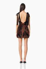 Giada Embellished Mini Dress in Chocolate Brown with an open back with zipper back shot
