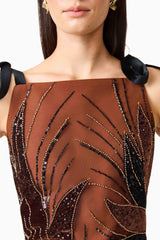 Giada Embellished Mini Dress in Chocolate Brown with a high square neckline and tie up straps detail shot