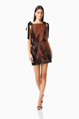 Giada Embellished Mini Dress in Chocolate Brown with a high square neckline and tie up straps posed shot
