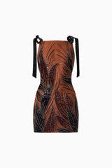 Giada Embellished Mini Dress in Chocolate Brown with a high square neckline and tie up straps ghost shot