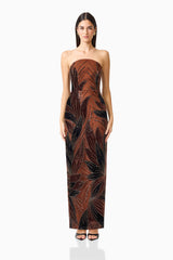 Giada Column Gown Dress in Chocolate Brown with a strapless straight neckline and 3D floral applique front shot