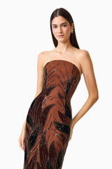 Giada Column Gown Dress in Chocolate Brown with a strapless straight neckline and 3D floral applique close up shot