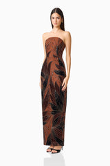 Giada Column Gown Dress in Chocolate Brown with a strapless straight neckline and 3D floral applique side shot