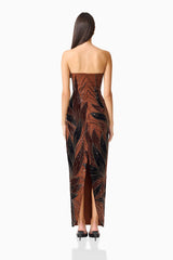 Giada Column Gown Dress in Chocolate Brown with a open back and zipper back shot
