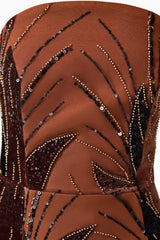 Giada Column Gown Dress in Chocolate Brown with a strapless straight neckline and 3D floral applique detail shot