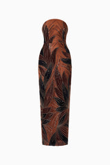 Giada Column Gown Dress in Chocolate Brown with a strapless straight neckline and 3D floral applique ghost shot