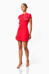 Martina Applique Mini Dress in Red with floral embellishments and details side shot