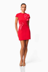 Martina Applique Mini Dress in Red with floral embellishments and details posed shot