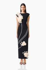 Martina Applique Gown in Black with boat neck and 3D floral detailing front shot 