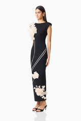 Martina Applique Gown in Black with boat neck and 3D floral detailing side shot 